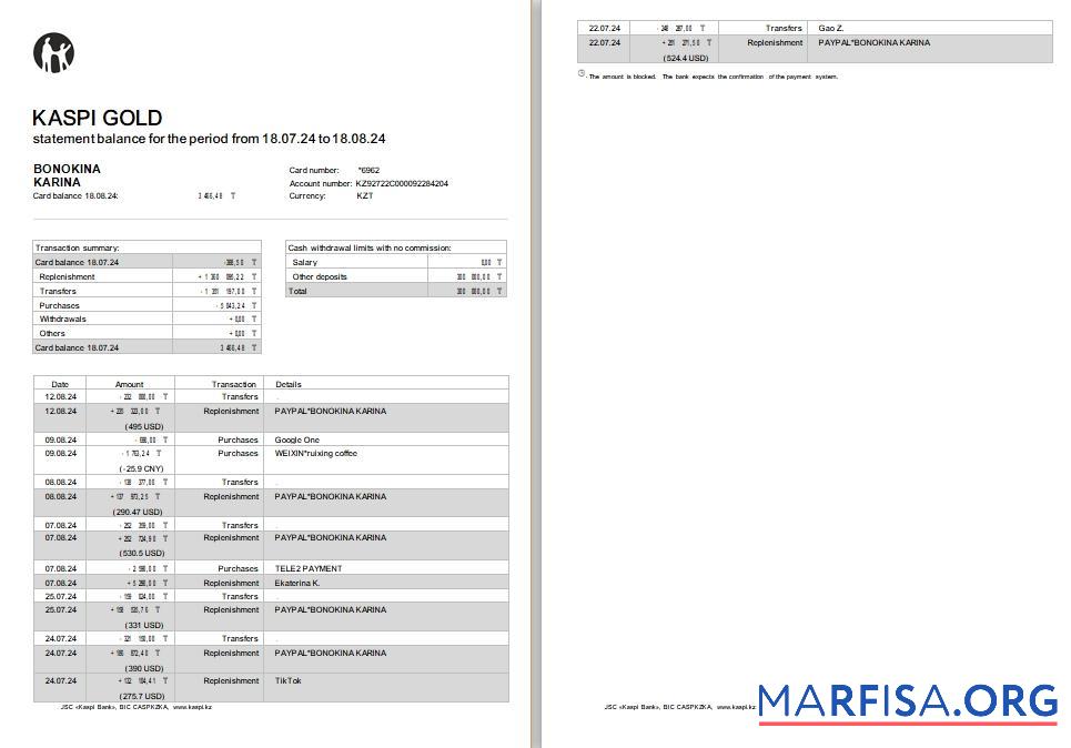 Printable Kazakhstan Kaspi bank statement word 2 pages sample